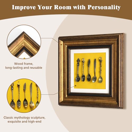 FOLKOR LIFE Vintage Wall Art Decor, Framed Wall Sculptures Art with Embossed Intricate Spoons Design for Home Decor, Dining Room Décor, Coffee Shop, Housewarming Gifts for New Home, 13x13 - color: White & Yellow-5 Spoons