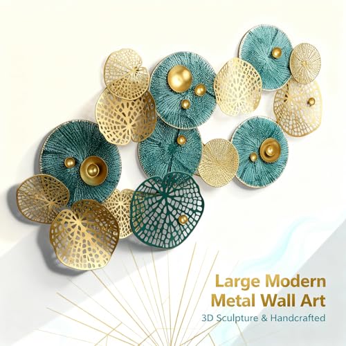 Large 3D Metal Wall Art, 50"L x 26"W Modern Blue & Gold Lotus Leaf Wall Sculpture, Luxury Coastal Home Decor for Living Room Bedroom, Elegant Gift for Housewarming Wedding Mother's Day for Homeowners