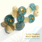 Large 3D Metal Wall Art, 50"L x 26"W Modern Blue & Gold Lotus Leaf Wall Sculpture, Luxury Coastal Home Decor for Living Room Bedroom, Elegant Gift for Housewarming Wedding Mother's Day for Homeowners