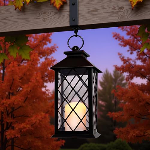 HOSY 13" Metal Vintage Lantern with Pillar Flameless Candles, Battery Operated Decorative Hanging Retro Iron Lantern with LED Plastic Candle (Bronze) - color: Bronze