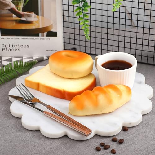 Newtay 12 Inches Marble Cutting Board Round Marble Tray White Scalloped Board with Non Slip Decorative Pastry Tray for Kitchen Pizza Cake Bread Baking Cheese Display