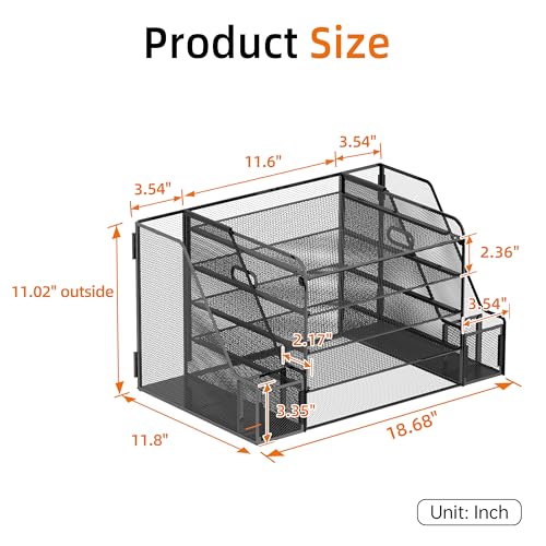 SUPEASY Desk Organizer, 5-Tier Mesh Desktop File Organizer with Bookends, File Holder, 2 Pen Cups and Paper Letter Trays, Large-Capacity Metal Organizer for Home, Office or School
