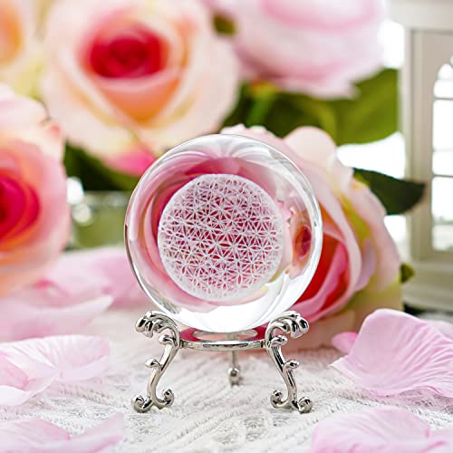 H&D HYALINE & DORA 3D Laser Engraved Flower of Life Crystal Ball Paperweight with Stand,Chakra Healing Grid Flower Globe for Spiritual Decor Gift - color: 60mm Flower of Life