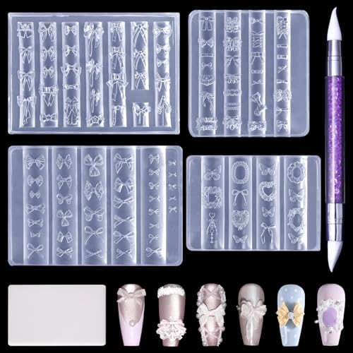 Laza 4pcs Silk Bowknot Silicone Nail Art Molds, Acrylic 3D Bowknot Nail Charms Molds Clear Modeling Templates Silicone Bow Pattern Nail Tools with Sculpture Pen for Salon Nail Design Resin Epoxy DIY - color: Silk Bowknot