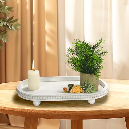 SYNCVIBE Wooden Decorative Tray for Home Decor, Beaded White Oval Tray Decor for Coffee Table, Rustic Wood Serving Trays Farmhouse Centerpieces for Living Room Kitchen Counter (White Oval) - color: White