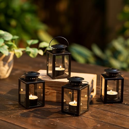 Small Candle Lanterns Decorative Outdoor: 4 Pcs Black Hanging Tea Lights Candle Holder for Table Centerpiece Fireplace Wedding Christmas 3.9" Glass Farmhouse Decor