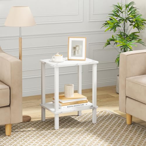 TUTOTAK End Table, Side Table, Nightstand, 2-Tier Storage Shelf, Sofa Side Table for Small Space, Living Room, Bed Room TB01BMW034 - color: Marble White