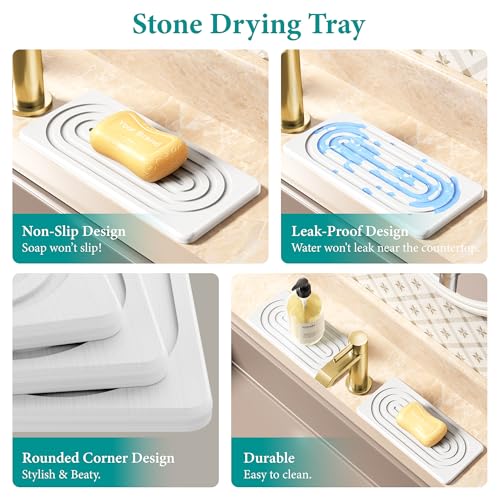 Water Absorbing Stone Tray, Quick Drying Diatomite Bathroom Tray Countertop, Stone Drying Mat for Kitchen Counter, Soap Dish Dispenser Vanity Organizer, White-B-8.3" x 4" - color: White B
