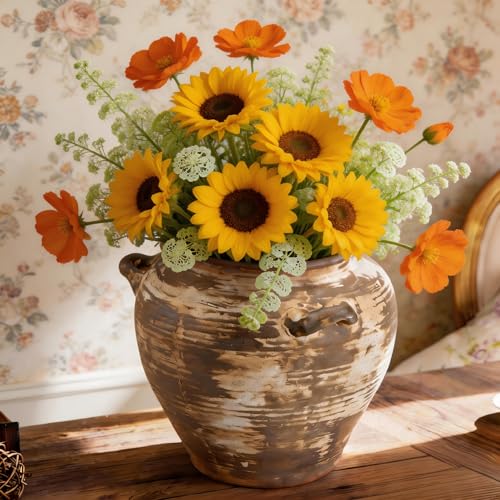 Ceramic Flower Vase 7 inch Rustic Farmhouse Vase with Handles for Home Decor Vintage Decorative Vases for Bookshelf, Table, Mantle Fireplace, Living Room, Bathroom, Wedding Retro Brown - color: 7 Inch-retro