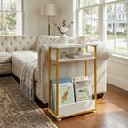 Narrow Side Table,3-Tier Slim End Table with Storage Shelf,Modern Sofa Table Thin Side Table for Small Spaces, Skinny Bedside Table Small Nightstand with Magazine Rack Space Saving/White+Gold - color: White+gold