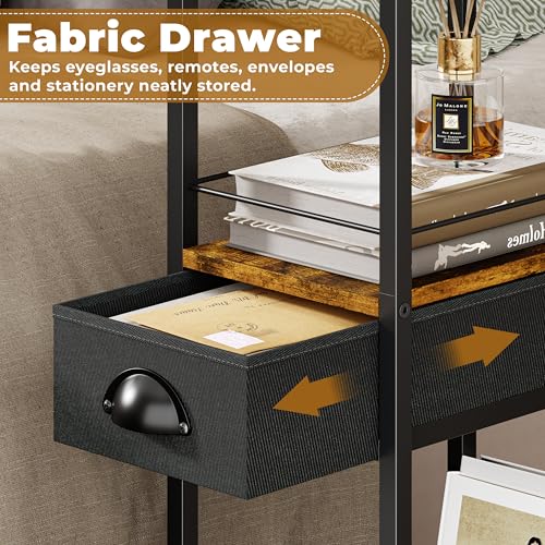 C Shaped Sofa Side Table with Wheels, Rolling Small Coffee Table with Drawer, Portable TV Tray Table for Couch, Bedside Table with Storage, Narrow Nightstand for Bedroom, End Tables Living Room - color: Black, size: Large (With Drawer & Wheels)