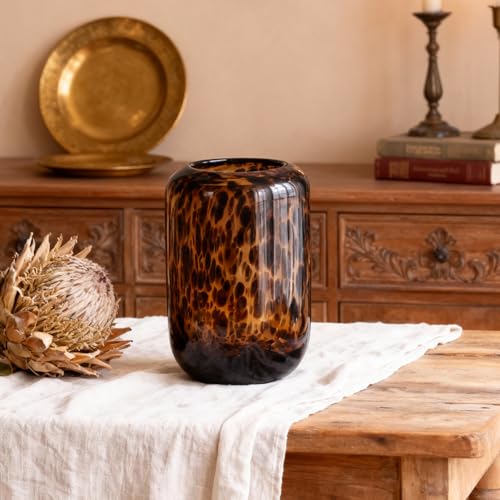 Amber Brown Glass Vase – Round Art Glass Vase with Tortoise Shell Pattern, Hand Blown Wide Mouth Decorative Centerpiece for Living Room, Dining Table or Entryway Home Decor - size: Small