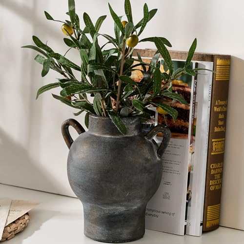 LUKA Antique Ceramic Vase with 2 Handle,7.28 inches Rustic Vase Minimalist Decor, Decorative Vases for Home Decor, Table, Living Room, Shelf, Christmas Decoration(Medium,Black) - color: M-black-(7.28 In)