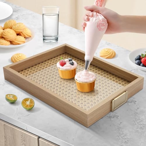 Rattan Woven mesh Surface Wood Serving Tray with Metal Handles, Decorative Tray Service Tray，Modern Boho Design,2-piece Food and Beverage Tray, Coffee Table, Breakfast, Kitchen, Party (Large+Small) - color: Rattan Weaving/Large+small
