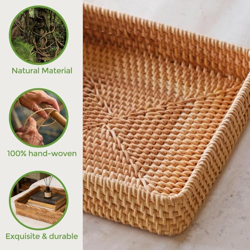 Wicker Storage Tray, Rattan Basket Rectangular for Bathroom Living Room, Decorative Serving Woven Trays Wicker Baskets for Organizing Home Decor L(15.7" × 11") - style: L (15.7" × 11")