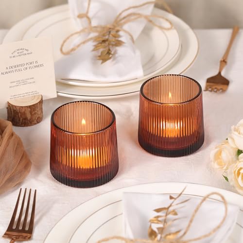 Amber Ribbed Tealight Votive Candle Holders- 6Pack Glass Candle Holders for Table Centerpiece, Home Decor, Wedding Decor, Party Dinner - color: Amber, size: 6Pcs