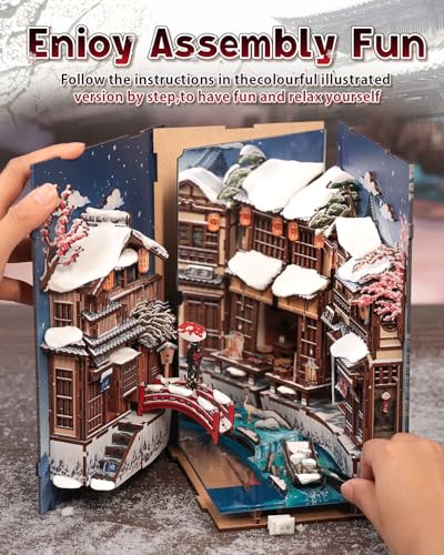 Cutefun DIY Book Nook Kit Kyoto Snow Whisper – Japanese Snow Scene 3D Wooden Puzzle Miniature Dollhouse Kit with LED Light, Bookshelf Insert Decor, Creative Gift for Adults, Teens & Book Lovers - style: Kyoto Snow Whisper