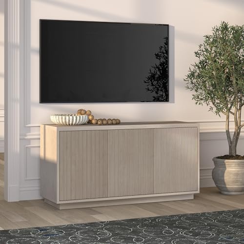 Henn&Hart Fluted TV Stand for TVs up to 55" with 3 Swing Out Ribbed Doors and Adjustable Shelves for Living Room, Family Room, or Office, Beech White - color: Beech White, size: 48" TV Stand