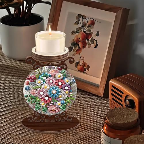 ARTopet DIY Diamond Art Painting Candlestick Holders Wooden Desk Candle Holder Ornament Double Sided Diamond Tabletop Ornaments for Home Decor-Flower - color: Flower