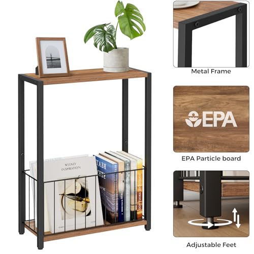 Homleke Narrow Side Table with Magazine Holder, Skinny End Table Perfect for Small Spaces, Space-Saving Design for Living Room, Bedroom, or Office, 7.1" D x 16.9" W x 23.6" H, Rustic Walnut - color: Rustic Walnut - Standard
