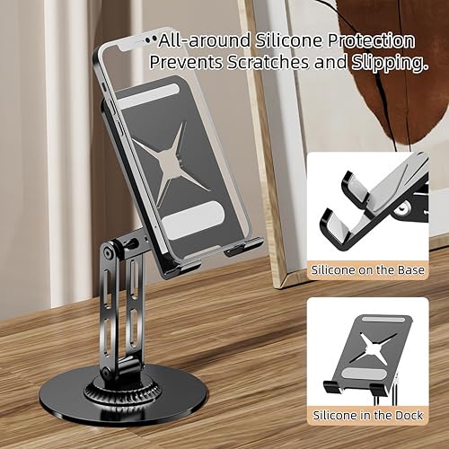 All-Metal Cell Phone Stand 360° Rotatable & Height Adjustable - 25KG Super Load-Bearing, Foldable Desk Stand for Phone, Compatible with iPhone 17/16/15/14, Nintendo Switch, Silver - color: B-Tri-Fold - Silver