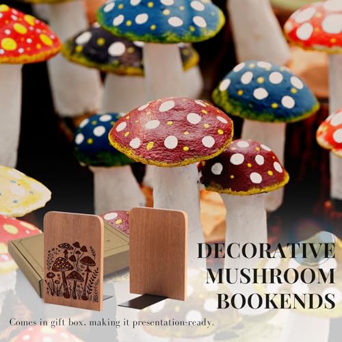 Mushroom Gifts, Mushroom Bookends, Bohemia Style Heavy Duty Wooden Bookends for Shelves Decorative(1 Pair, 4.72x6.69 Inches)