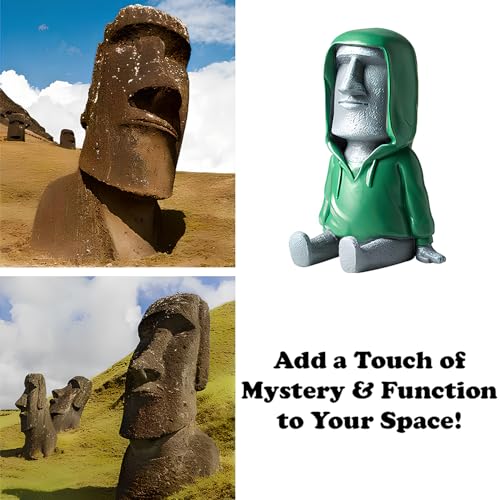 Moai Statue Phone Holder - Creative Easter Island Desk Stand for Cell Phone & Pen, Resin Desktop Organizer with Green Hoodie Design for Office Home Decor - color: Gray