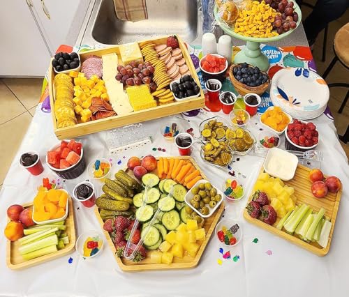 Bamboo Serving Trays 16.5"x11.8"（42x30cm with Handle, Set Includes 1xHexagon 12.5"(32cm)+1xRectangle 9.8"(25cm)*5.9"(15cm)+1xSquare 5.9"(15cm) Dinner Plates Cheese Cutting Board - color: Hexagon+rectangle+square