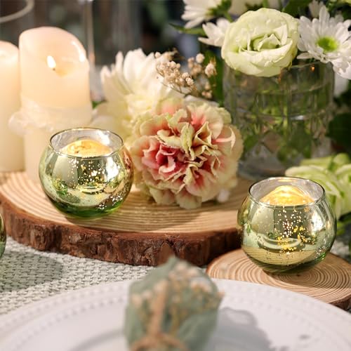 Volens Round Green Votive Candle Holders Set of 12, Green Wedding Centerpiece Table Decorations, Mercury Glass Tealight Candle Holder for Bridal Shower, Baby Shower & Home Decor - color: Green