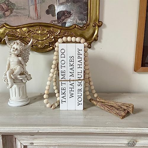 Decorative Books for Home Decor, White Faux Books for Decoration, Rustic Farmhouse Stacked Display Books with 52in Wood Bead Garland for Coffee Tables Living Room (TAKE TIME to DO) - style: TAKE TIME TO DO