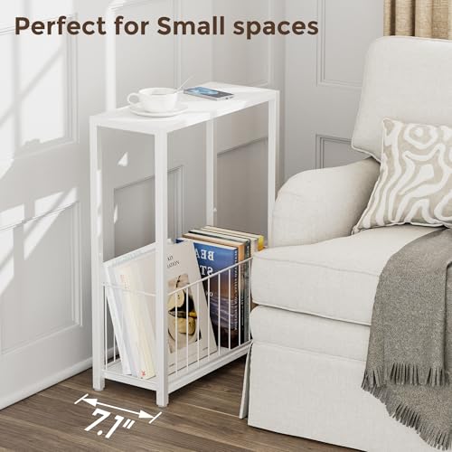 Homleke Narrow Side Table with Magazine Holder, Skinny End Table Perfect for Small Spaces, Space-Saving Design for Living Room, Bedroom, or Office, 7.1" D x 16.9" W x 23.6" H, White - color: White - Standard