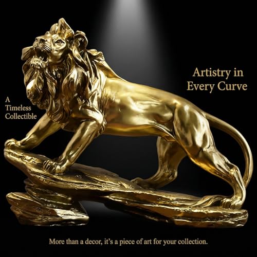Gold Lion Statue for Home Decor - 8.7" Modern Resin Climbing Lion Sculpture - Luxury Office Desk Accessories & Motivational Gifts for Men (Polished Gold Finish)