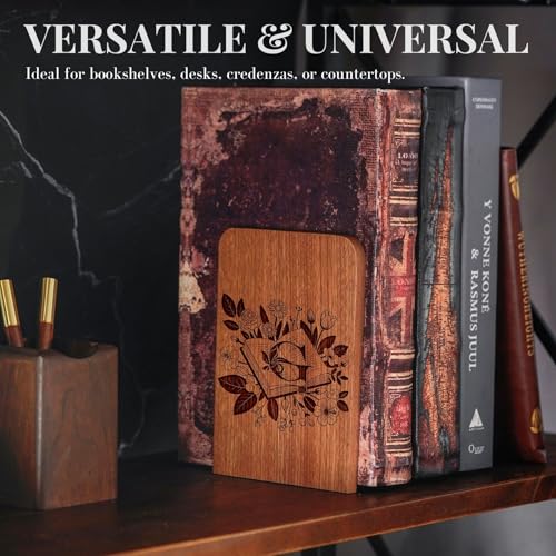 Wood Bookends, Book Ends for Shelves with Decorative Alphabet A and Z Design - Heavy Duty Iron & Ebony Wood Book Ends for Shelves Bookcase Desk - 1 Pair - G - color: G