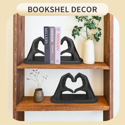 Black Decorative Bookends for Shelves, Heart Hands Book Ends Sculpture Aesthetic Decor for Bedroom Living Room Merch Apartment Bookshelf Birthday Women Decorations Stuff Aesthetic - color: Black