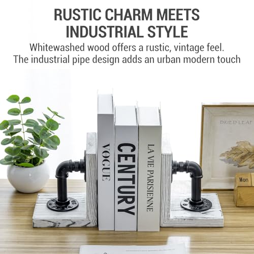 MyGift Decorative Bookends, Office Book Ends for Shelves, Book Holder L-Shaped Stand Desktop, Whitewashed Solid Wood with Realistic Industrial Pipe Design - color: White Washed