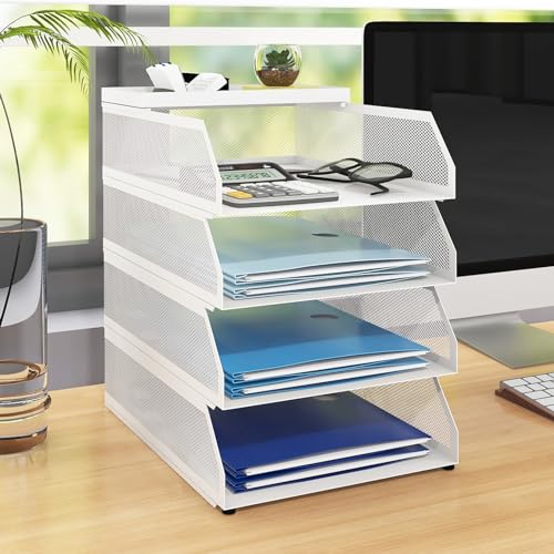 Natwind 4-Tier Stackable Paper Tray, Metal Mesh Desktop Organizer, Paper Sorter, Letter Trays,File Document Storage Rack for for Home, Office, School (White) - color: White, size: 4 tier