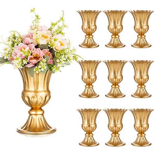Sziqiqi Gold Flower Arrangements Vase for Wedding Table Centerpiece - 9in Metal Planter Vase Pot for Artificial Real Flower Small Trumpet Plant Urn for Garden - color: Gold, size: 9in-10pcs
