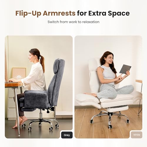 Big and Tall Office Chair, Flip Armrests for Pets & Cross Legged Sitting, Executive Ergonomic Computer Gaming Chair with Foot Rest, Teddy Fleece Wide Seat Reclining Desk Chair, White Vanity Chair - color: White