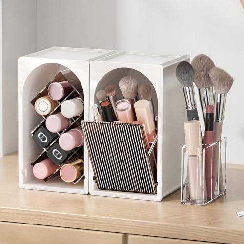 INVSSENE Stackable Makeup Organizer Countertop, Storage Perfume Skincare Cosmetic Lipstick Face Mask Makeup Brush Palettes, Ideal for Vanity Bathroom Counter - color: 3513 White+Coffee