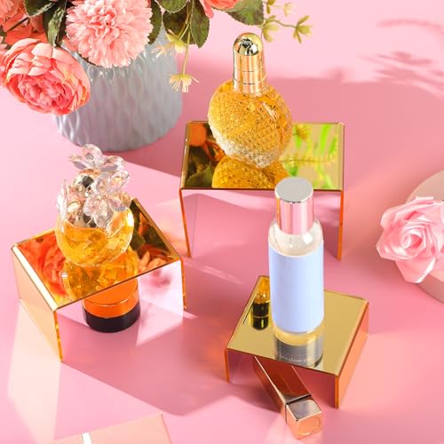 Chuangdi 2 Sets Acrylic Display Risers, Product Stand, Jewelry Display Riser Shelf Showcase Fixtures for Dessert Cupcake Candy Figure Treat Action Showcase(Gold,Small Set) - color: Gold, size: Small Set