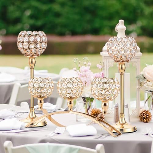 VINCIGANT Set of 3 Gold Candle Holders Wedding Table Centerpieces,Tealight Candlestick Candelabra Stand with 3 Arms for Fireplace Home Living Room Decor,Valentine's Day Housewarming - size: 1 Piece 8.3" tall & 2 Pieces 13" tall