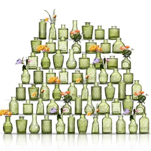 Glass Bud Vases Set of 64 - Green Assorted Small Mini Glass Vases for Flowers, Crystal Vintage Vase Set, Bulk Centerpieces for Table Décor, Wedding, Home and Events (Green, 64 Pcs) - color: Green, size: 64 Pcs