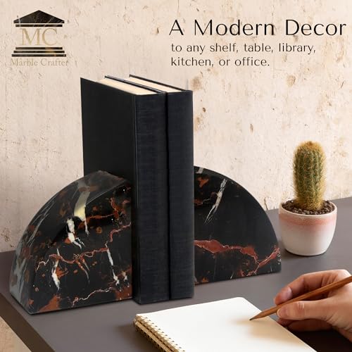 Modern Wedge Shaped Marble Bookends – Hand Carved, Polished Stone Bookends w/Non Slip Rubber Pads – Lightweight & Compact Decorative Bookends - Versatile, Luxury Book Organizer for Shelf & More - color: Black & Gold
