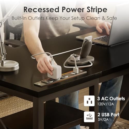 AODK 55 inch L Shaped Computer Desk with Drawers, Reversible Computer Desk with Storage Shelves, Home Office Desk with Built-in Power Outlet, Black - color: Black, size: 55 Inch