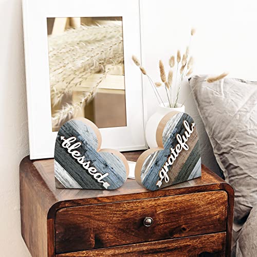 Jetec 2 Pcs Rustic Wooden Heart Table Decor, Daisy Farmhouse Home Decor, Bless This Home & Be Kind Sign for Living Room, Dining Room, Shelf & Mantel, Ideal Housewarming & Birthday Gift(Grateful Style) - style: Grateful Style