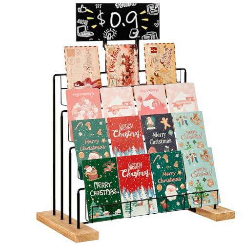 Greeting Card Display Stand, 4-Tier Greeting Card Organizer for Cards, Postcard, Photos, Brochure, Sticker, Trading Cards, Metal & Wooden Retail Display Rack for Vendors Counter Retail (Black) - color: Black