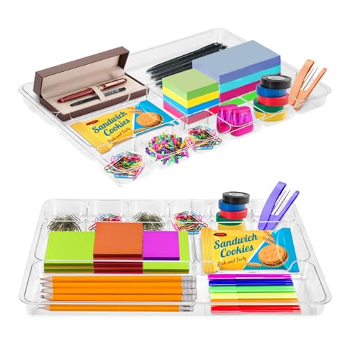 Manaloom Desk Drawer Organizer Tray with 9 Storage Compartments - For Home and Office - Drawer Organizers Office, Perfect Organizing Pens, Pencils, Paper Clips, Sticky Notes - Clear - 2 Pack