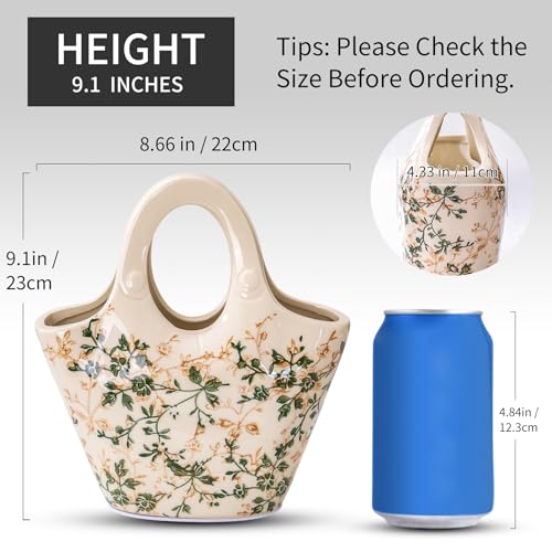Ceramic Purse Vase 9”, Vintage Green & Beige Floral Handbag Vase, Rustic Farmhouse Decor for Living Room, Bedroom, Table Centerpiece, Chinoiserie Style - color: 04-green and Beige