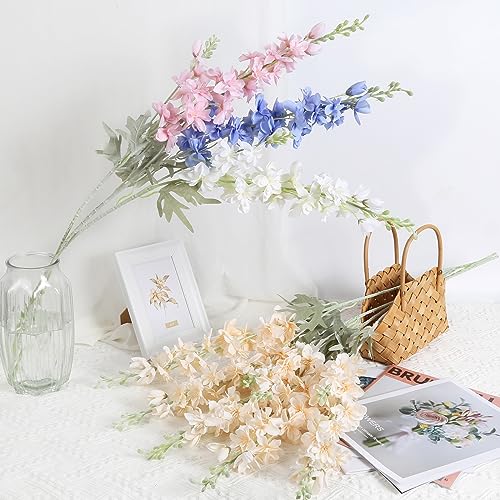 8pcs Delphinium Artificial Flowers 33.5in Long Stem Larkspur Fake Silk Flowers for Tall Vase Faux Flowers for Home Wedding Baby Shower Floral Arrangement Centerpiece Table Decoration (Champagne) - color: Champagne
