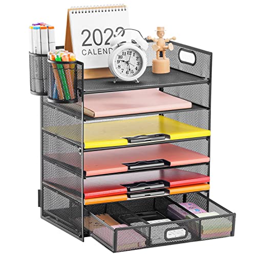 Lavatino 6-Tier Paper Organizer Letter Tray with Drawer - Mesh Desk File Paper Office Supplies Sorter Organizer for Office, Home or School File Folder Holder - Black - color: 6 Tier - Black